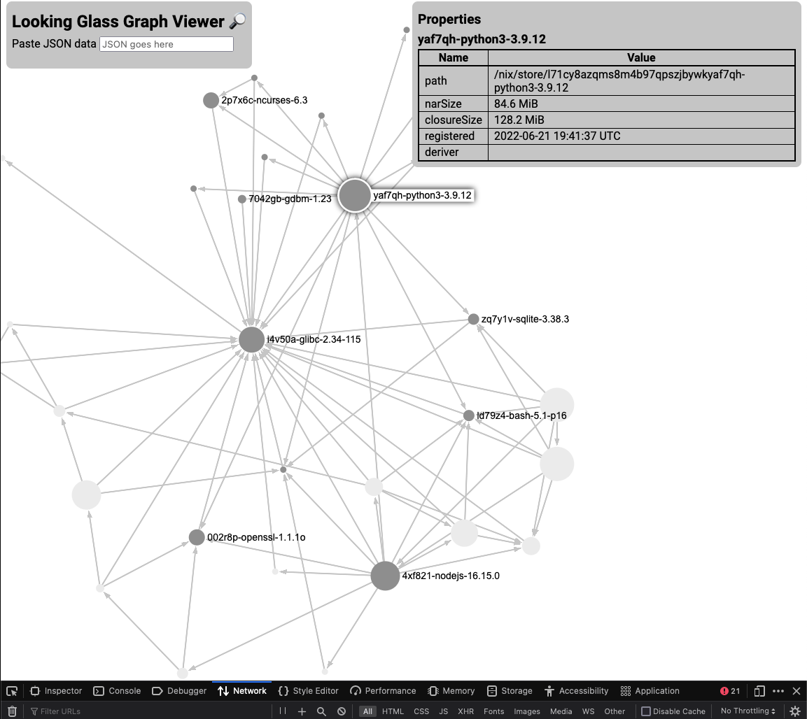 screenshot of the graph viewer showing that nodejs depends on
python